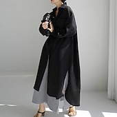 preiswerte Kleider-Damen Langes Kleid Maxikleid Leinen-inspirierte Kleider Hemdblusenkleid Freizeitkleid Baumwoll-Leinenkleid Stilvoll Lässig Urlaub Täglich Date Normale Passform Einfach Langarm Revers Schwarz