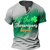  Men's Graphic Clover T Shirt Henley Shirt T shirt Tee Short Sleeve 3D Print Fashion Designer Comfortable St.Patrick's Day Daily Spring &  Fall Green Light Grey Henley Henley T-Shirt