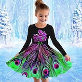 cheap 3D Shining Vision Dress-Girls&#039; 3D Graphic Animal Peacock Dress Long Sleeve Summer Spring Vacation Daily Holiday Princess Beautiful Sweet Kids 4-12 Years Casual Dress A Line Dress Knee-length Regular Fit