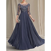 olcso Padlóhossz-A-vonalú Kölcsönanyai Ruha Elegáns Ékszer Nyak Padló Hosszú Chiffon Csipke 3/4 Hosszú Ujjú Ráncokkal Appliques