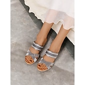 tanie Sandały damskie-eleganckie sandały damskie typu slip-on z błyszczącymi paskami – wygodne sandały na grubym obcasie na imprezy, wesela i specjalne okazje