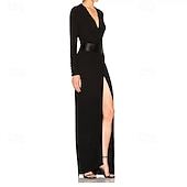 preiswerte SCHWARZ-Glockenkleid  Säulenkleid Abendkleid Partykleid Abendparty Black Tie Gala Bodenlang Lange Ärmel V-Ausschnitt Gürtel  Schärpe Baumwollmischung Rückenschnitt mit Faltenraffung Schlitz