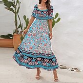 olcso Bohém ruhák-Női Hosszú ruha Maxi ruha hétköznapi ruha A vonalú ruha nyári ruha Boho ruha Elegáns Stílusos Etno Vakáció Napi Randi Normál Virágos Rövid ujjú Aszimmetrikus Világoszöld Rubin Medence Lóhere Nyár