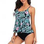 abordables Maillots une pièce et tankinis-Femme Tankini Maillot De Bain Deux Pièces Dos Nu Maillots de Bain Floral Maillots de Bain Bleu Ciel Noir Respirable Séchage rapide Poids Léger Sans Manches - Natation Surf Plage Eté Printemps