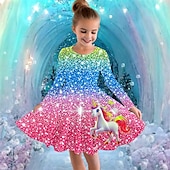 billiga Enhörningsklänning i 3D-Flickor 3D Grafisk Enhörnings Klänning Långärmad Sommar Vår Semester Dagligen Helgdag Prinsessa Skön Ljuv Barn 4-12 år Vardagsklänning A linjeklänning Knälång Normal