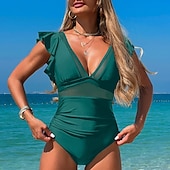 billiga One Pieces &amp; Tankinis-Dam Baddräkt Volang Djup V-hals Badkläder Solid färg Badkläder Svart Rodnande Rosa Andningsfunktion Snabb tork Lättvikt Ärmlös - Simmning Surfing Strand Sommar Vår