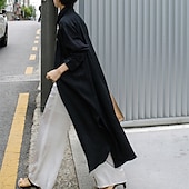 preiswerte Kleider-Damen Langes Kleid Maxikleid Leinen-inspirierte Kleider Hemdblusenkleid Freizeitkleid Baumwoll-Leinenkleid Stilvoll Lässig Urlaub Täglich Date Normale Passform Einfach Langarm Revers Schwarz