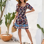 preiswerte Ausgefallene Kleider-Damen Minikleid Casual kleid Sommerkleid Boho-Kleid Elegant Stilvoll Laternenärmel Urlaub Täglich Verabredung Regular Fit Blumen Kurzarm Quadratischer Ausschnitt Schwarz Rosa Blau Sommer