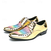 זול נעלי דרבי-נעלי אוקספורד דמוי עור זהב לגברים עם נצנצים קשת בענן ופרטים משובצים - נעלי סטייטמנט למסיבות, חתונות ואירועים מיוחדים