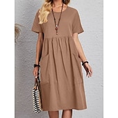 economico abiti stampati in cotone e lino-Per donna Abito Midi Abito Lungo Maxi Abito Abiti in cotone e lino Elegante Essenziale Casual Vacanza Feste Lavoro Vestibilità regolare Semplice Manica Corta Girocollo Rosa Marrone chiaro Cachi Blu