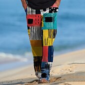 billiga Casual byxor med tryck för män-Herr Färgblock Lappverk Långbyxor Casual byxor Dragsko Elastisk midja Hawaiisk Ledigt Vintage retro Utomhus Semester Helgdag Sidfickor Byxor med raka ben Sommar Vår Höst 3D-tryck Gul Blå