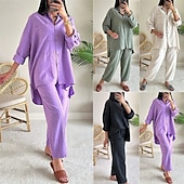 baratos Conjuntos-Mulheres Moda Roupa de rua Camisa Social Conjuntos inspirados em linho Conjuntos de duas peças Calças de linho Calças Conjunto Manga Longa Colarinho de Camisa Côr Sólida Com Cordão Roupa Diária