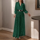 cheap Mom&#039;s Jumpsuits-Jumpsuits Mother of the Bride  Formal Elegant V Neck Floor Length Sequined Long Sleeve with Sequin Solid Color 2025