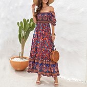 olcso Bohém ruhák-Női Hosszú ruha Maxi ruha hétköznapi ruha A vonalú ruha nyári ruha Boho ruha Elegáns Stílusos Etno Vakáció Napi Randi Normál Virágos Rövid ujjú Aszimmetrikus Világoszöld Rubin Medence Lóhere Nyár