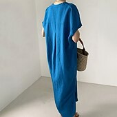 economico Vestiti-Per donna Abito Lungo Maxi Abito Abiti ispirati al lino Vestito Casual Abito in cotone e lino Elegante Casual Vacanza Quotidiano Data Vestibilità regolare Semplice Manica Corta Scollo a V Blu Estate
