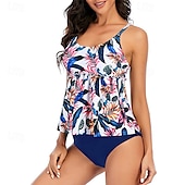abordables Maillots une pièce et tankinis-Femme Tankini Maillot De Bain Deux Pièces Dos Nu Maillots de Bain Floral Maillots de Bain Bleu Ciel Noir Respirable Séchage rapide Poids Léger Sans Manches - Natation Surf Plage Eté Printemps