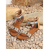 economico Sandali Piani-sandali da donna con cinturino alla caviglia e perline in stile bohémien – scarpe estive basse con stampa tribale per uscite casual in spiaggia