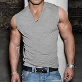 billiga Gym-toppar-Herr Linne Undertröjor Ärmlös tröja Ärmlös Djup U-hals Sommar Slät Mode Designer Muskel Utomhus Utekväll Gym Svart Vit Grå Topp t-shirt för män