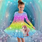billiga Enhörningsklänning i 3D-Flickor 3D Grafisk Enhörnings Klänning Långärmad Sommar Vår Semester Dagligen Helgdag Prinsessa Skön Ljuv Barn 4-12 år Vardagsklänning A linjeklänning Knälång Normal