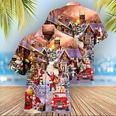 abordables Atuendo para escena navideña-Camisas navideñas con estampado de escena navideña para hombre, camisas con gráfico de Papá Noel, camisas casuales de calle, manga corta, 3D, con botones, ropa de moda