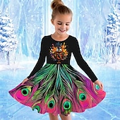 cheap 3D Shining Vision Dress-Girls&#039; 3D Graphic Animal Peacock Dress Long Sleeve Summer Spring Vacation Daily Holiday Princess Beautiful Sweet Kids 4-12 Years Casual Dress A Line Dress Knee-length Regular Fit