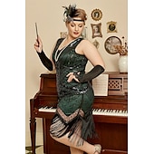 billige 1920-talls kjoler-De livlige 20-årene 1920-tallet Cocktail Kjole Knelengde Flapper kjole Kjoler Drakter Ermeløs Den store Gatsby Charleston Store størrelser Dusk Fjær V-hals Kostyme Dame Karneval Nytt År Maskerade