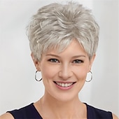 preiswerte ältere Perücke-Synthetische Perücken Locken Pixie-Schnitt Maschinell gefertigt Perücke Kurz A1 Synthetische Haare Damen Weich Modisch Einfach zu tragen Silber