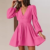 ieftine Rochie neagră casual-Pentru femei Rochie Mini Rochie casual Rochie A line Stilat Casual Vacanță Zilnic Dată Fit regulat Simplu Manșon Lung În V Negru Roz Îmbujorat Albastru piscină Portocaliu Vară
