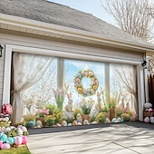 billige Garasje- og dørbanner-Utendørs Garasje Dør Dekorasjon Banner Kanin Egg Stor Bakgrunnsdekorasjon Utendørs Garasje Dør Hjemmevegg Dekorasjoner Arrangement Fest Parade