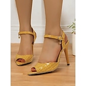 cheap 1980s-Women&#039;s Yellow Croc-Embossed Stiletto Heels with Ankle Strap and Open Toe - Elegant Party Shoes for Formal Occasions and Evening Wear