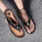 abordables Sandalias de vestir-Chanclas vintage de piel sintética marrón para hombre: sandalias de verano con punta abierta hechas a mano con suela antideslizante para playa, viajes y uso informal