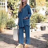 economico Set in cotone e lino-Per donna Moda Streetwear Camicie di cotone e lino Set di biancheria in cotone Set di Pantaloni Manica Lunga Colletto a Camicia Semplice Abbigliamento quotidiano Data Blu Verde Grigio Estate