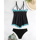 abordables Maillots une pièce et tankinis-Femme Tankini Maillot De Bain Deux Pièces Col en V Maillots de Bain Maillots de Bain Noir / Blanc Blanche Respirable Séchage rapide Poids Léger Sans Manches - Natation Surf Plage Eté Printemps Grande
