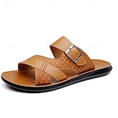 billige Ferietøfler-solbrune sandaler i kunstskinn med spennreim for menn – stilige sommersklier med teksturert design og sklisikker såle for fritidsbruk