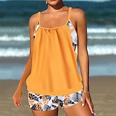 billiga One Pieces &amp; Tankinis-Dam Tankini Tvådelad baddräkt Brottarrygg Badkläder Blommig Badkläder Svart Blå Andningsfunktion Snabb tork Lättvikt Ärmlös - Simmning Surfing Strand Sommar Vår
