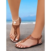 billige Uformelle sandaler-brune, flate sandaler i imitert skinn for kvinner med gullaksent og t-stroppdesign – behagelig og stilig for strand-, ferie- og fritidsklær