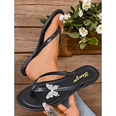 cheap Vacation Sandals-Women&#039;s Brown T-Strap Sandals with Rhinestone Butterfly Decoration - Casual Summer Flip Flops for Beach and Everyday Wear