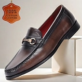 cheap Semi-Formal-Men&#039;s Perforated Brown Leather Loafers – Premium Cowhide, Metal Buckle Decoration, Breathable Business Casual Shoes for Office and Formal Events