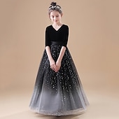 baratos Vestidos floridos-Vestido para Meninas das Flores Crianças Para Meninas Vestido de princesa Espetáculo Casamento Festa Elegante Lindo Com Transparência Gradiente Meia Manga Decote V Preto Azul 4 anos +