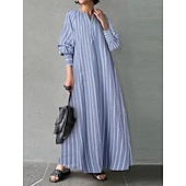preiswerte bedruckte Kleider aus Baumwolle und Leinen-Damen Maxikleid Baumwoll-Leinen-Kleider Freizeitkleid Basic Lässig Urlaub Täglich Normale Passform Gestreift Langarm V Ausschnitt Weiß Blau Sommer Frühling