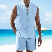 economico Set di camicie basic da uomo-Per uomo 2 pezzi Completo di camicia Set estivo Set abbinati Abbigliamento mare Liscio Da mare Giornaliero Nero Bianco Blu marino Cachi Senza maniche Colletto Estate Abbigliamento
