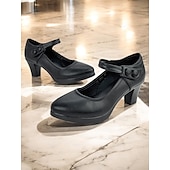 olcso Block Heels-női fekete magassarkú mary jane pumpák - kerek orr, stílusos bokapánt gombos részletekkel, tökéletes irodai vagy hétköznapi viselethez