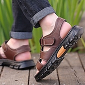 billiga Avslappnade sandaler-bruna sandaler i konstläder för män - justerbara remmar, halkfri sula och andningsbar design för utomhus- och fritidskläder på sommaren