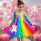 tanie Sukienka 3D Jednorożec-Dziewczyny &#039; 3D Graficzny Jednorożec Sukienka Długi rękaw Lato Wiosna Urlop Codzienny Święto Księżniczka Piękny Słodkie Dzieci 4-12 lat Codzienne sukienki Sukienka A line Do kolan Regularny