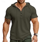 baratos camisetas básicas-Homens Camiseta Manga Curta Com Capuz Primavera Verão Esportes Moda Diário Botões Com Cordão Ao ar livre Dia a Dia Casual Preto Branco Verde Top Tee para Homens