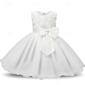 abordables Robes à Fleurs pour Filles-Robe de Demoiselle d&#039;Honneur Fille enfants Fille Robe de princesse Utilisation Mariage Soirée Elégant Magnifique Maille Couleur unie Sans Manches Col Ras du Cou Blanche Rose Claire 4 ans et +