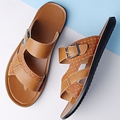 billige Ferietøfler-solbrune sandaler i kunstskinn med spennreim for menn – stilige sommersklier med teksturert design og sklisikker såle for fritidsbruk