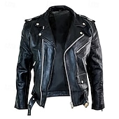 cheap Leather Jackets-Men&#039;s Faux Leather Jacket Transition Jacket Biker Jacket Motorcycle Jacket Vacation Daily Windproof Warm Pocket Fall &amp; Winter Plain Fashion Classic Lapel Regular Faux Leather Black Jacket