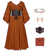 abordables Tenues-Rétro Vintage Médiéval Renaissance Robe Corset Tenues Ren Faire Viking Elfe Femmes Costume de Carnaval Celtique Fantaisie Halloween Carnaval Performance Soirée LARP Adulte Robe Corset Boucles