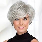 cheap Older Wigs-Synthetic Wig Straight Asymmetrical Wig Short Silver Synthetic Hair Women&#039;s Fashionable Design Soft Natural Silver